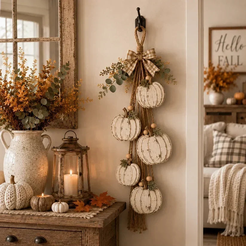Elegante rustikale Dekoration mit 5 weißen Kürbissen für den Herbst. 4