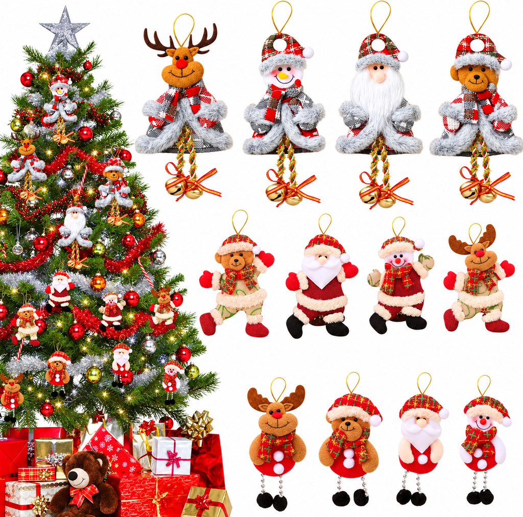 Set von 12 schattigen Weihnachtsdekorationen in Peluche zum Aufhängen.