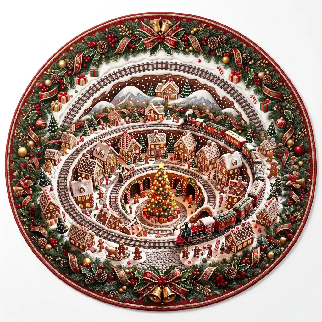 Weihnachtlicher Lebkuchen-Mann Stadt Rundes Teppich mit festlichem Design in Kristallsamtvelours