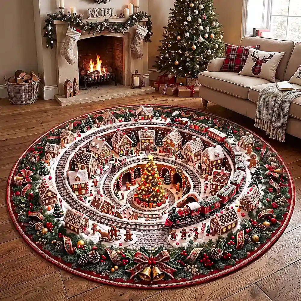 Weihnachtlicher Lebkuchen-Mann Stadt Rundes Teppich mit festlichem Design in Kristallsamtvelours 2