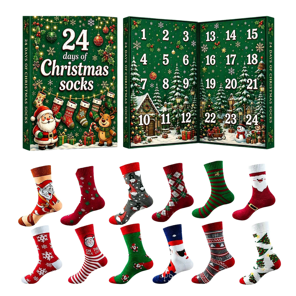 Weihnachts-Adventskalender 2026 mit 24 Paar festlichen Wärmesocken für Damen und Herren