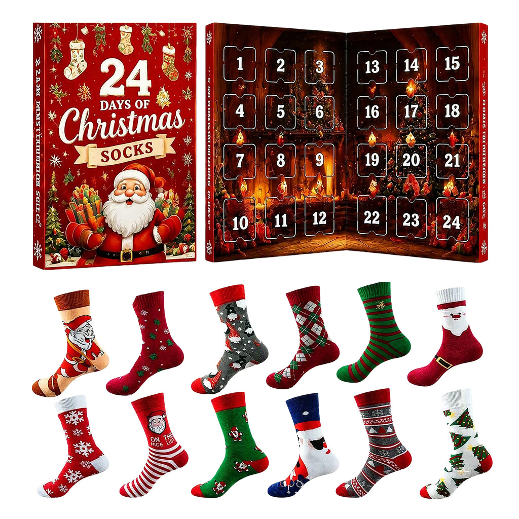 Weihnachts-Adventskalender 2026 mit 24 Paar festlichen Wärmesocken für Damen und Herren 2