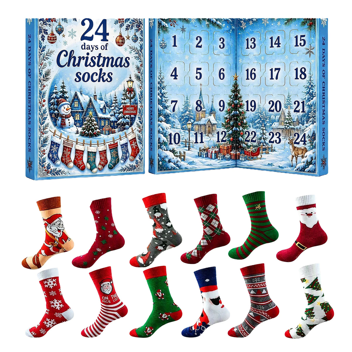 Weihnachts-Adventskalender 2026 mit 24 Paar festlichen Wärmesocken für Damen und Herren 3