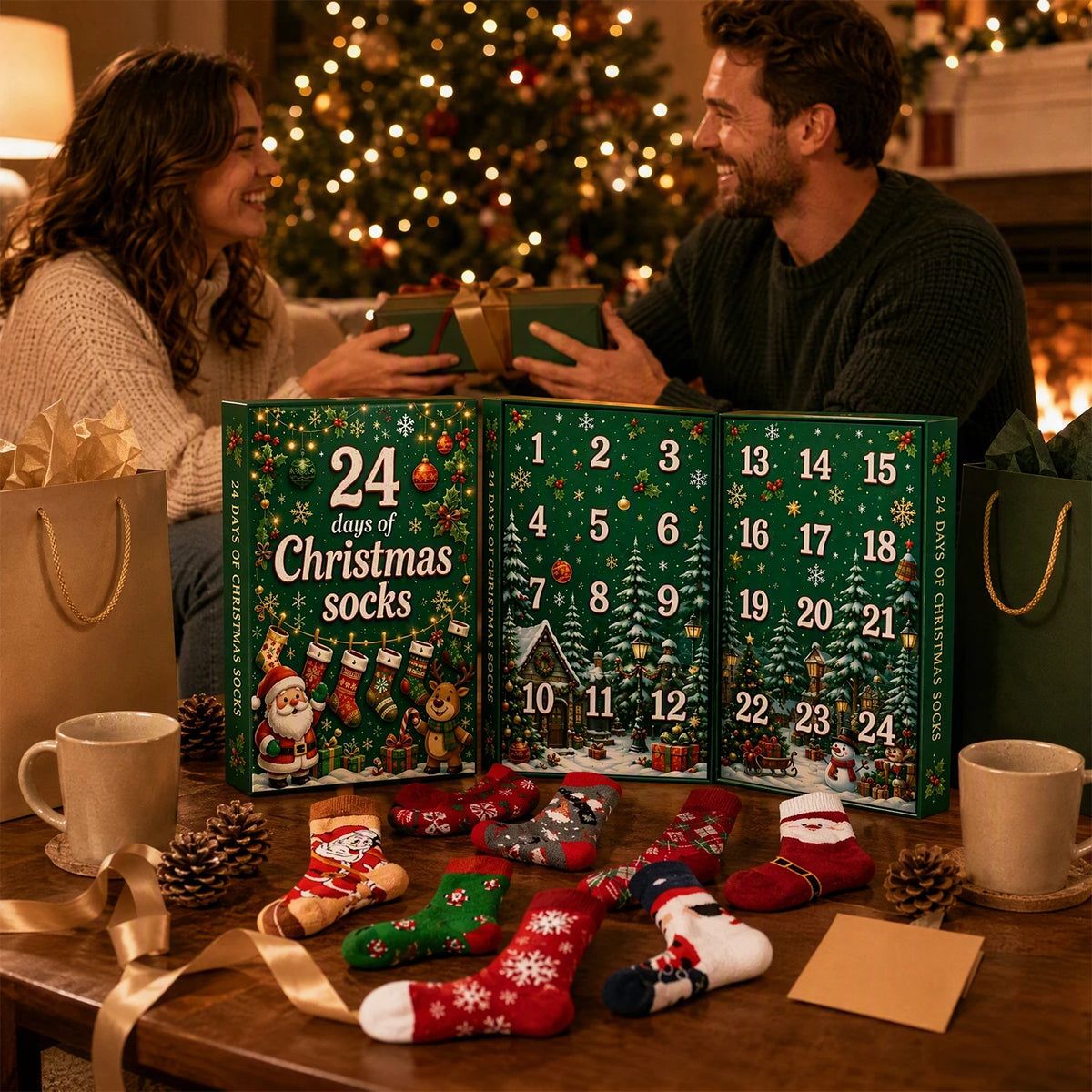 Weihnachts-Adventskalender 2026 mit 24 Paar festlichen Wärmesocken für Damen und Herren 4
