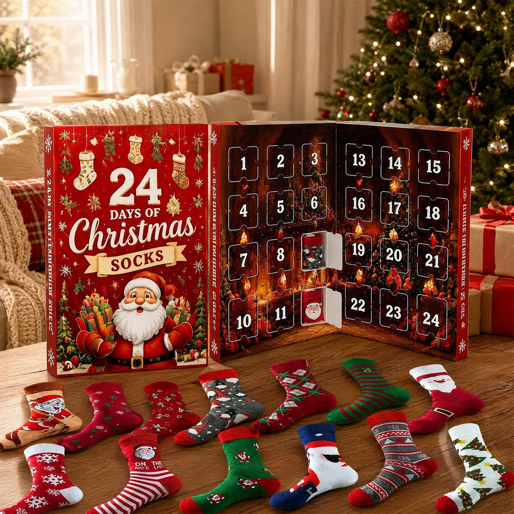Weihnachts-Adventskalender 2026 mit 24 Paar festlichen Wärmesocken für Damen und Herren 5