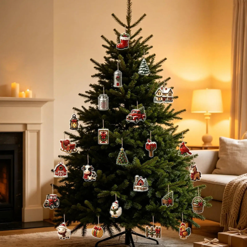 Weihnachts-Adventskalender mit 24 glitzernden Acryl-Ornamenten in Bauernhof-Tierdesigns zum Aufhängen 3