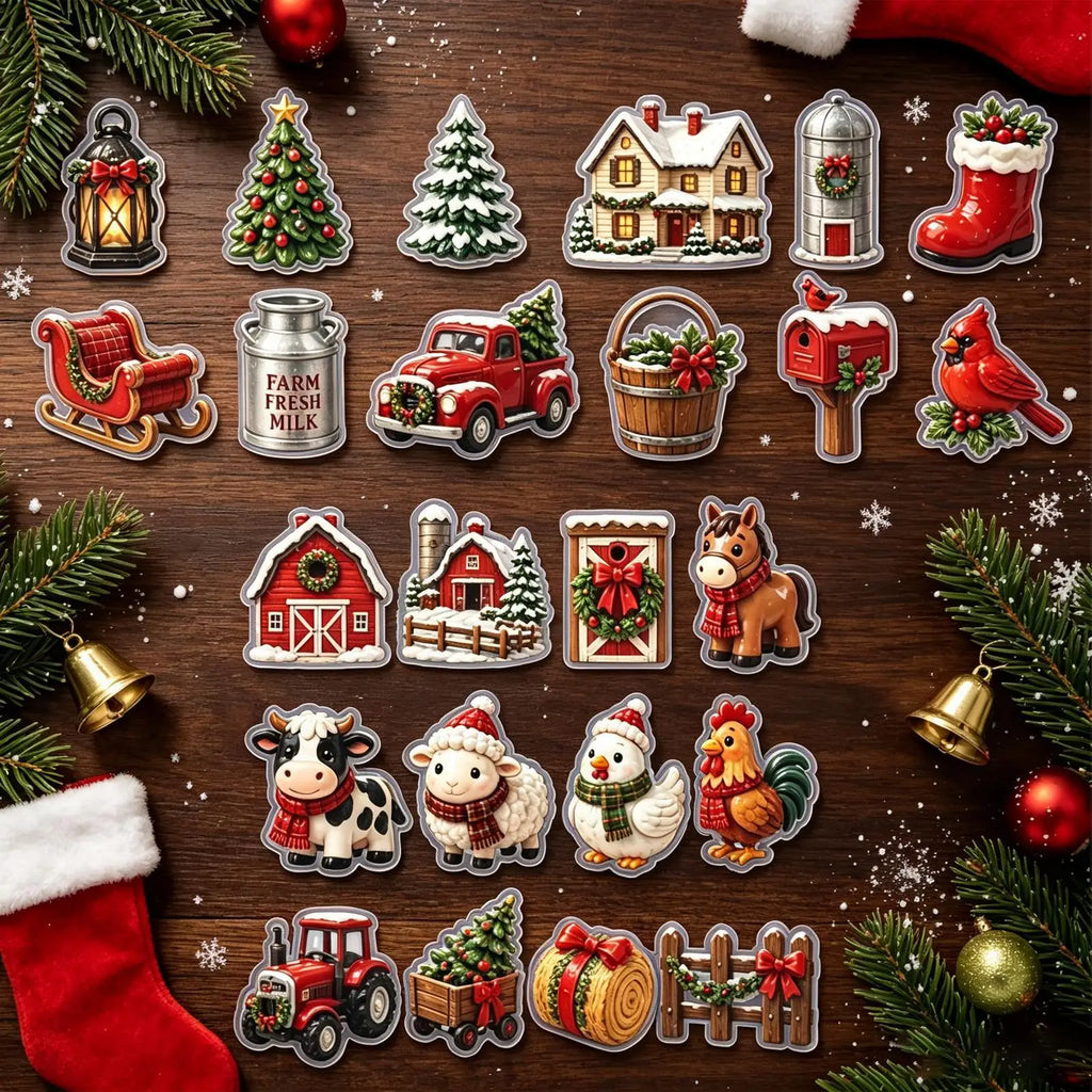 Weihnachts-Adventskalender mit 24 glitzernden Acryl-Ornamenten in Bauernhof-Tierdesigns zum Aufhängen 4