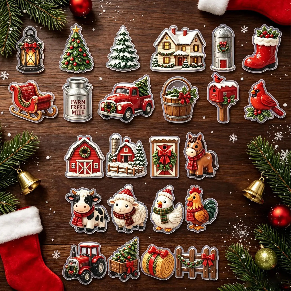 Weihnachts-Adventskalender mit 24 glitzernden Acryl-Ornamenten in Bauernhof-Tierdesigns zum Aufhängen 4