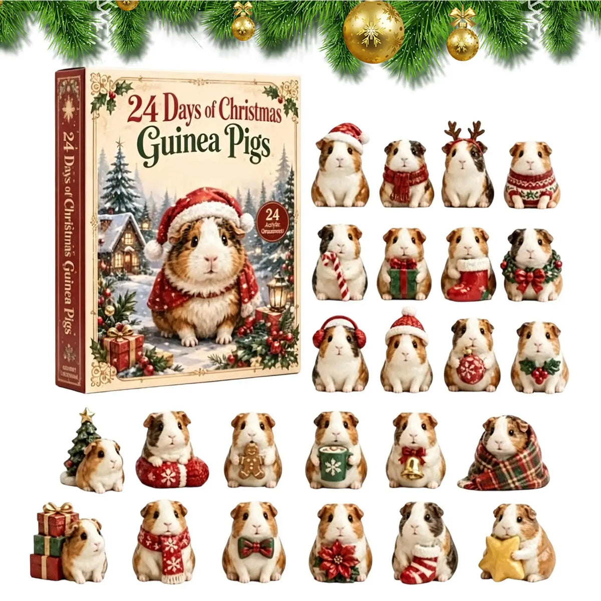 Weihnachts-Adventskalender mit 24 niedlichen 2D Acryl-Meerschweinchen-Ornamenten für festliche Dekoration