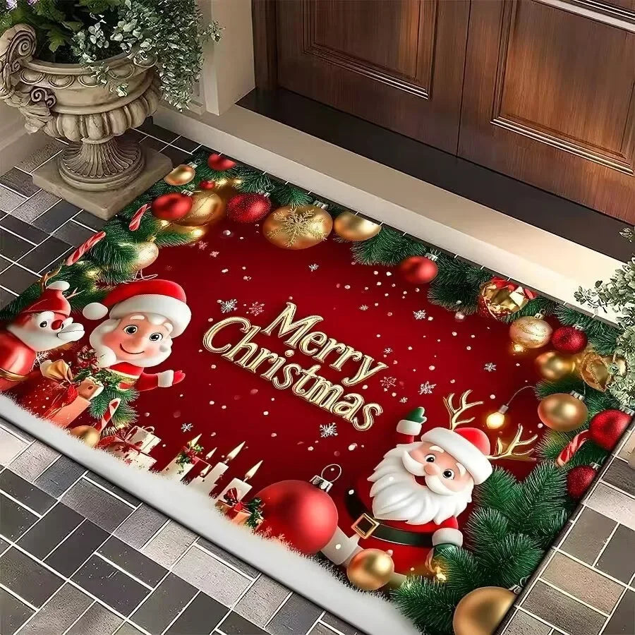 Weihnachts-Eingangsmatte mit Weihnachtsmann, Elch und Tannenbaum, rutschfeste Unterseite