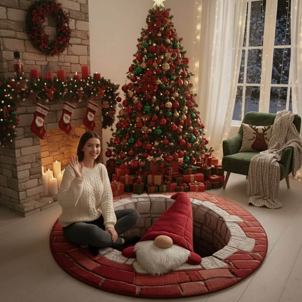 Weihnachts-Gnom Ziegelmauer gesteppte runde Matte in Kristallsamtvelours 3