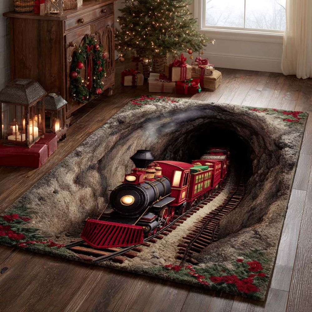Weihnachts-Portal 3D Illusions-Teppich mit festlichem Tunnelritt-Design in Kristallsamtvelours