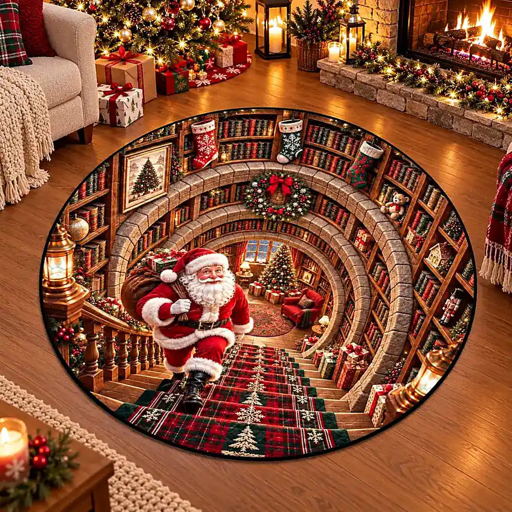 Weihnachts-Weihnachtsmann Bibliotheks-Rundeteppich in gestepptem Design mit lebendigen Farben