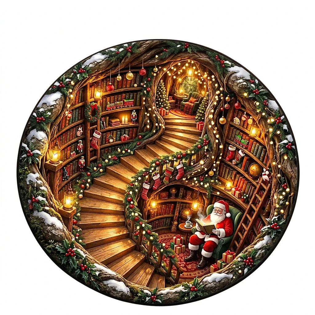 Festlicher runder Weihnachtsteppich mit Weihnachtsmann und Buch-Motiv in Kristallsamtvelours