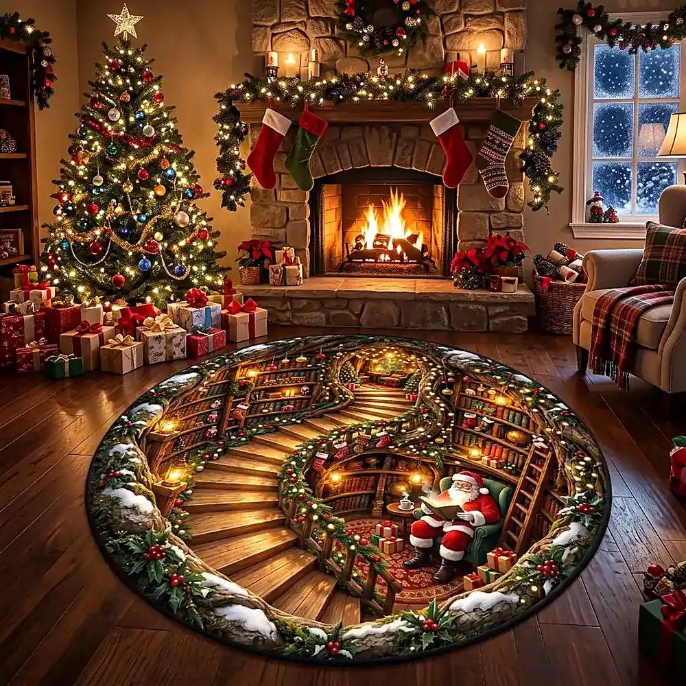 Festlicher runder Weihnachtsteppich mit Weihnachtsmann und Buch-Motiv in Kristallsamtvelours 3