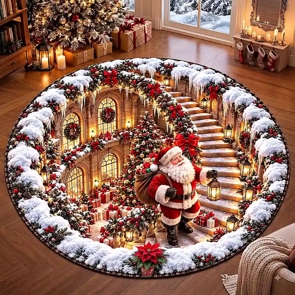 Festlicher Weihnachts-Rundteppich mit Weihnachtsmann und Schnee-Design in Kristallsamtvelours 2