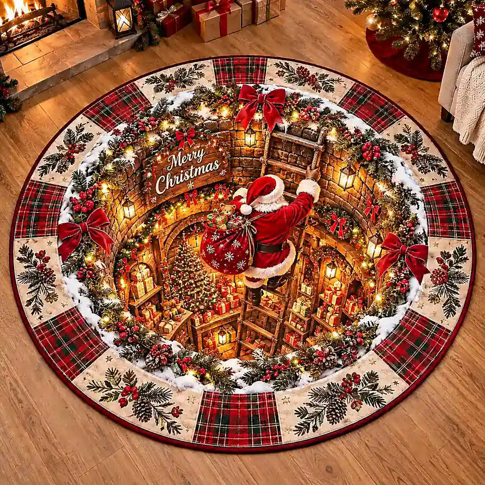 Weihnachts-Weihnachtsmann runder Teppich mit festlichem Design in Samtoptik