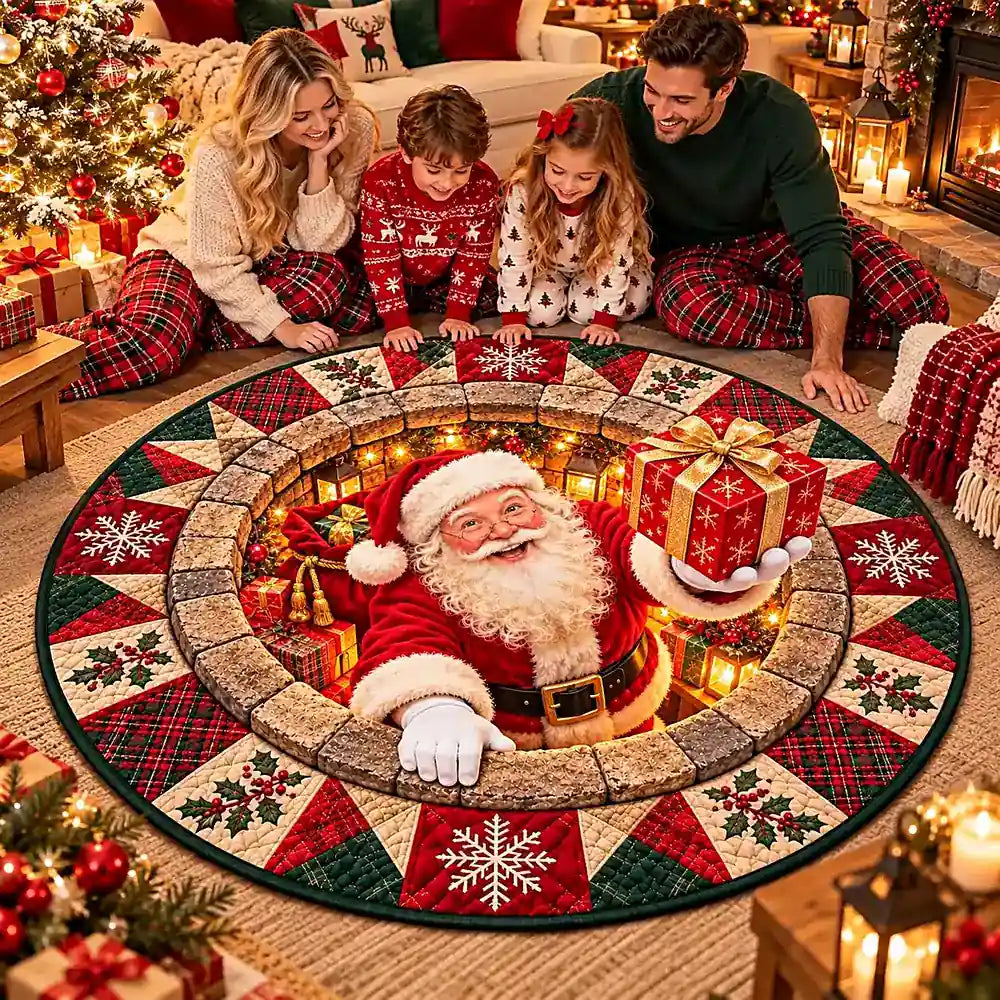 Gesteppter runder Weihnachts-Teppich mit Weihnachtsmann-Design in Kristallsamtvelours 2