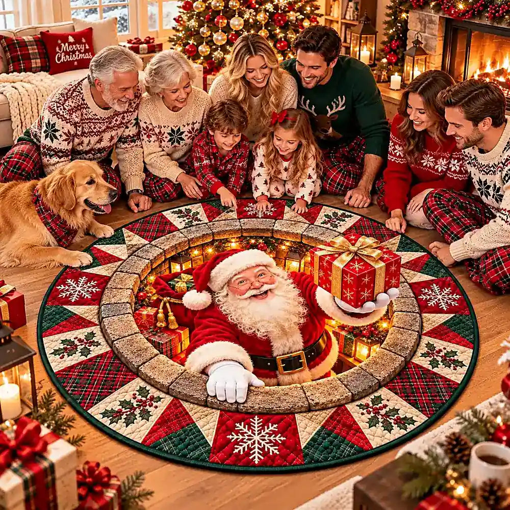 Gesteppter runder Weihnachts-Teppich mit Weihnachtsmann-Design in Kristallsamtvelours 3