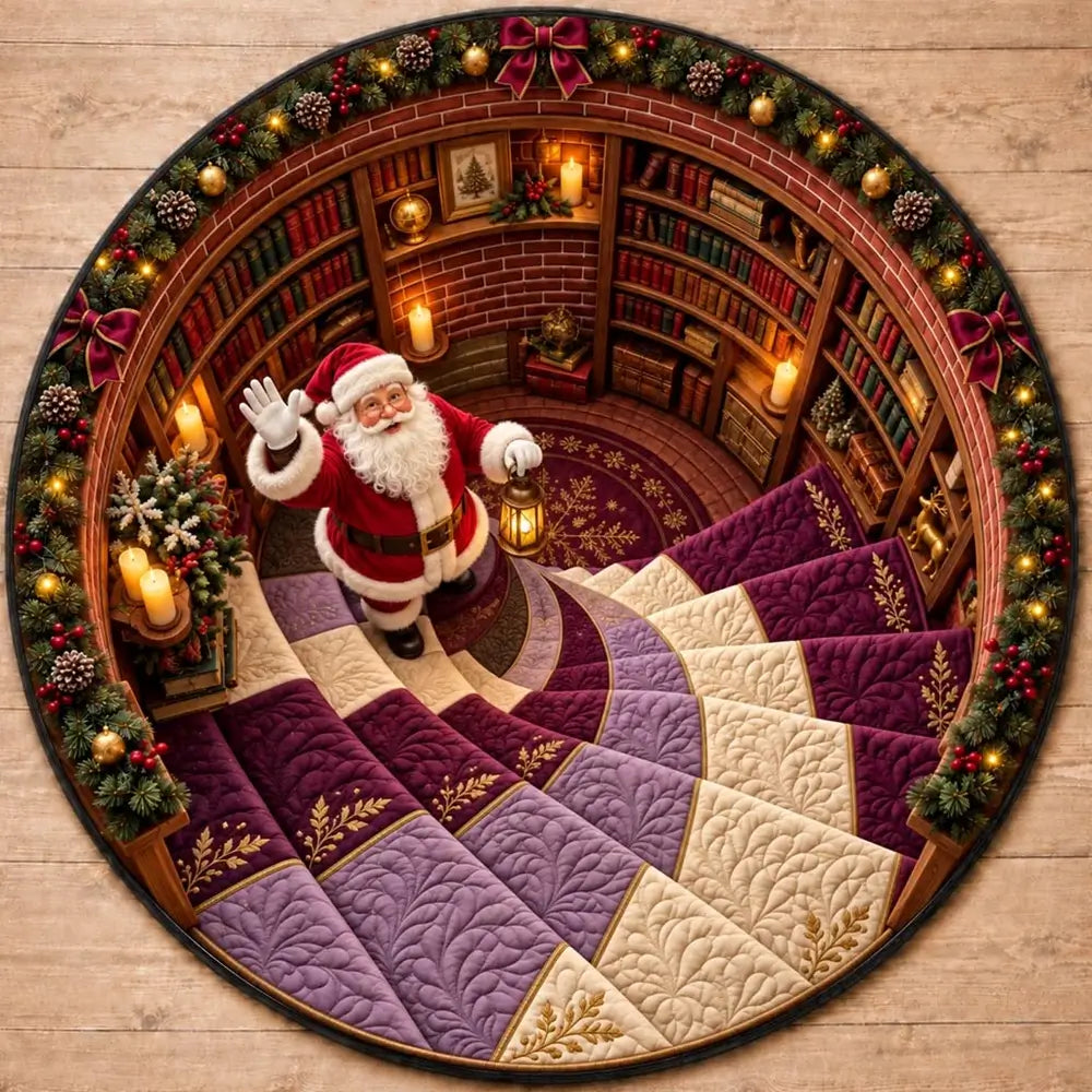Festlicher Weihnachts-Rundeteppich mit Winkender Weihnachtsmann - Weiches Polyester-Design