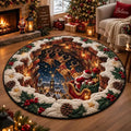 Festliche runde Weihnachts-Samtmatte mit Weihnachtsmann-Schlitten-Design in lebendigen Farben
