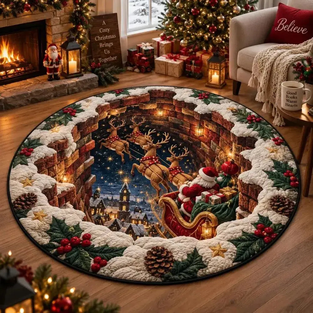 Festliche runde Weihnachts-Samtmatte mit Weihnachtsmann-Schlitten-Design in lebendigen Farben