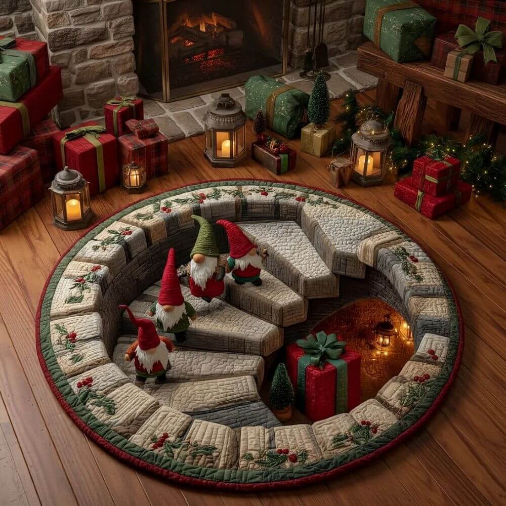 Festlicher runder Weihnachts-Wichtel Teppich mit Treppenhausmotiv