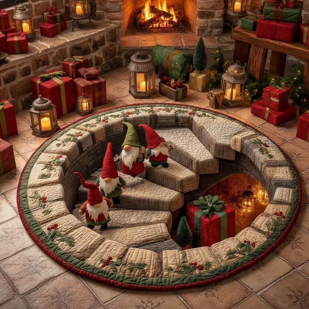 Festlicher runder Weihnachts-Wichtel Teppich mit Treppenhausmotiv 2