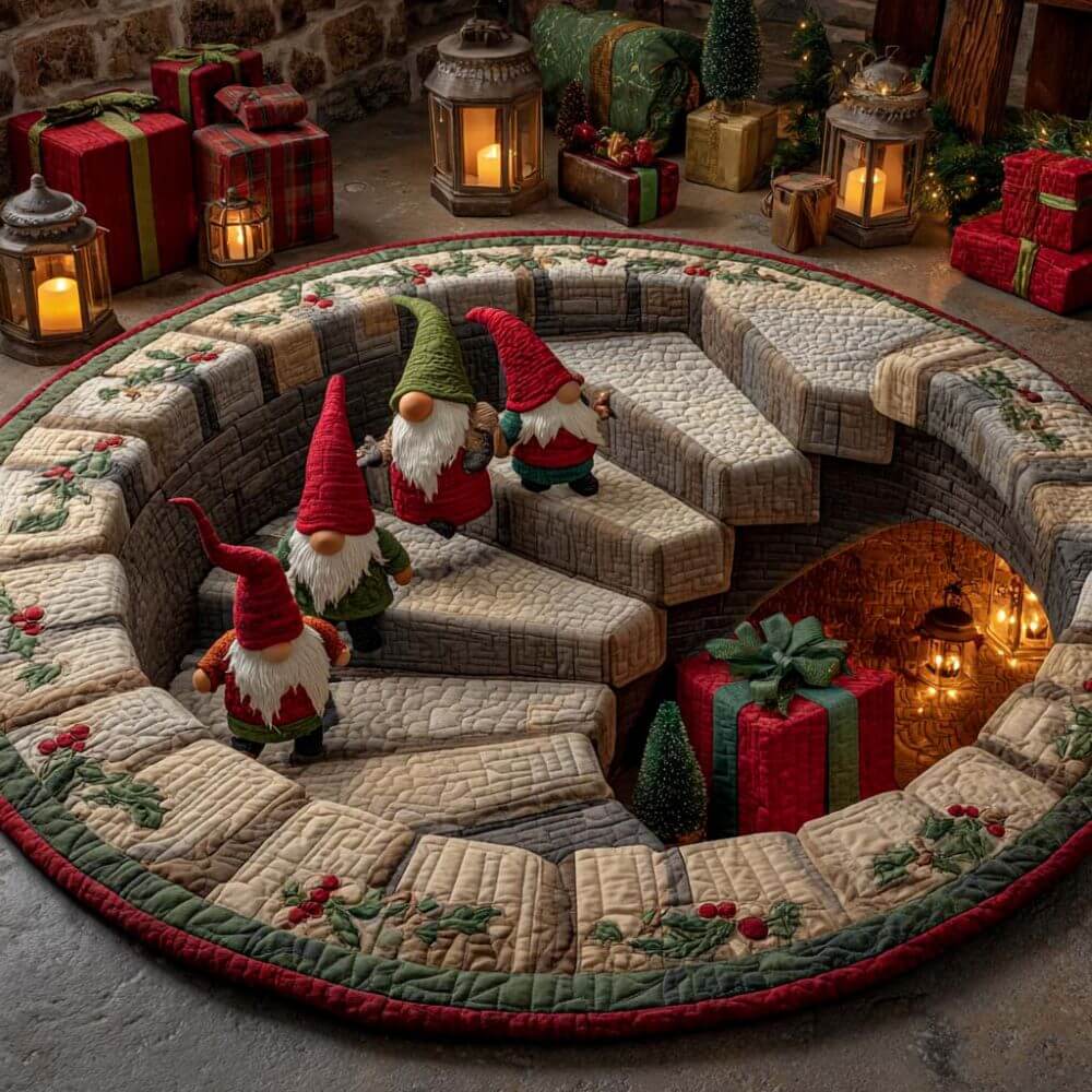 Festlicher runder Weihnachts-Wichtel Teppich mit Treppenhausmotiv 3
