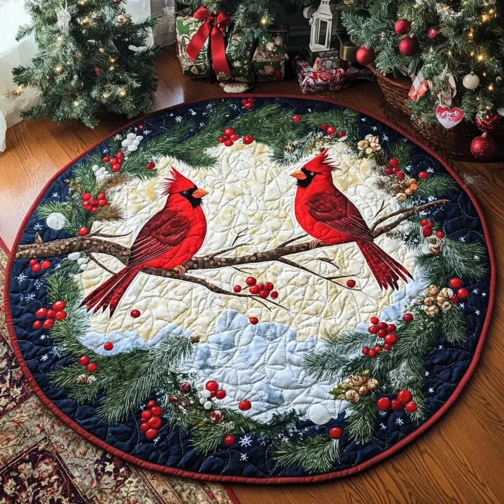 Winterlicher Kardinal Rundes Teppich mit gestepptem Design in Kristallsamtvelours