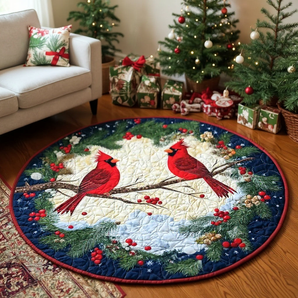 Winterlicher Kardinal Rundes Teppich mit gestepptem Design in Kristallsamtvelours 2