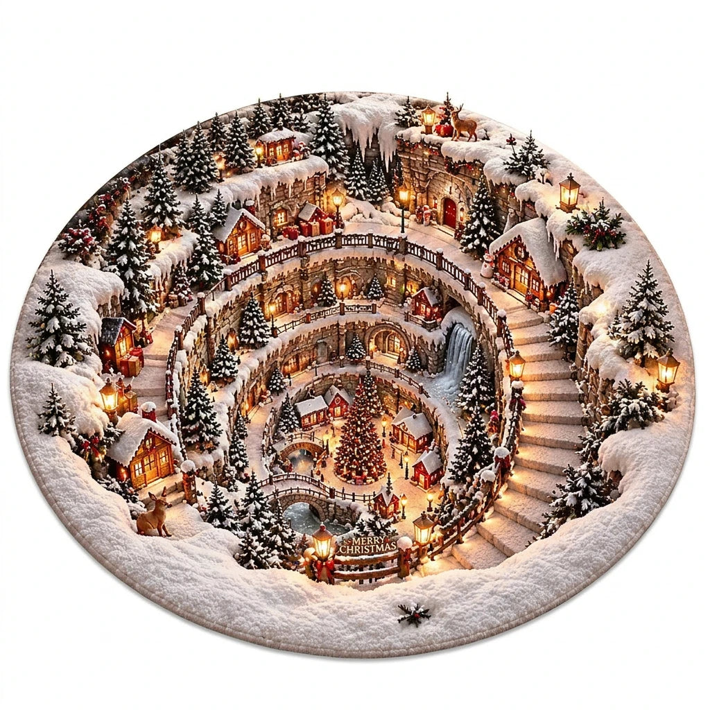 Winterliches Weihnachtsdorf gesteppter runder Teppich in Kristallsamtvelours