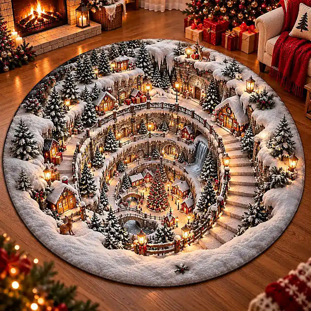 Winterliches Weihnachtsdorf gesteppter runder Teppich in Kristallsamtvelours 2