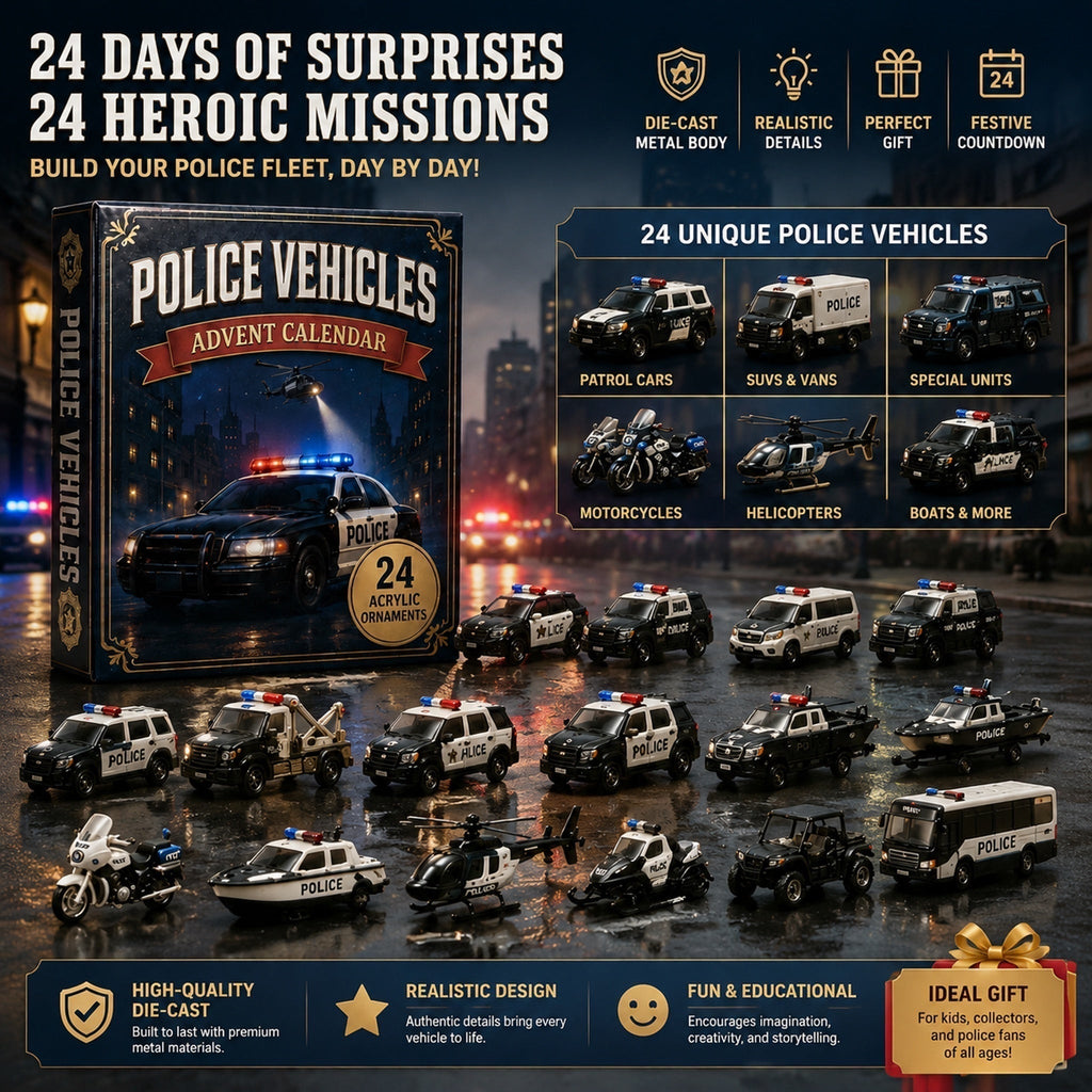 Polizeifahrzeuge-Adventskalender 2026 - 24 Acryl-Polizeiauto-Ornamente