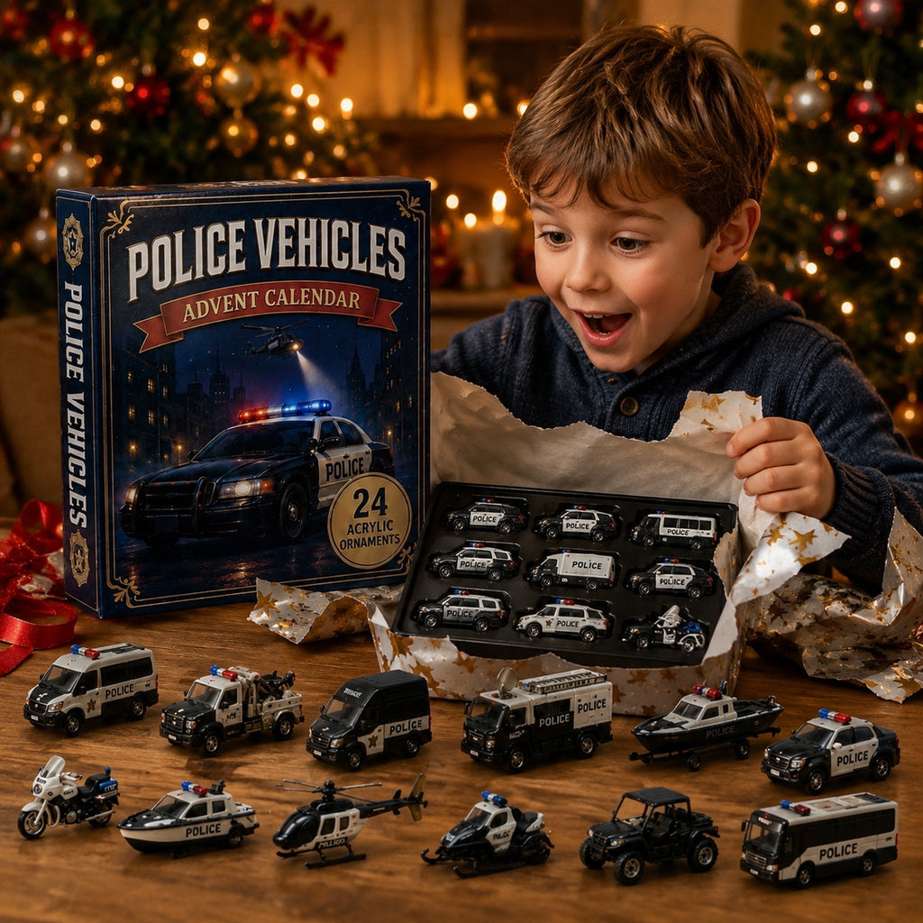 Polizeifahrzeuge-Adventskalender 2026 - 24 Acryl-Polizeiauto-Ornamente