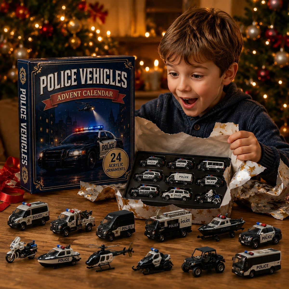 Polizeifahrzeuge-Adventskalender 2026 - 24 Acryl-Polizeiauto-Ornamente