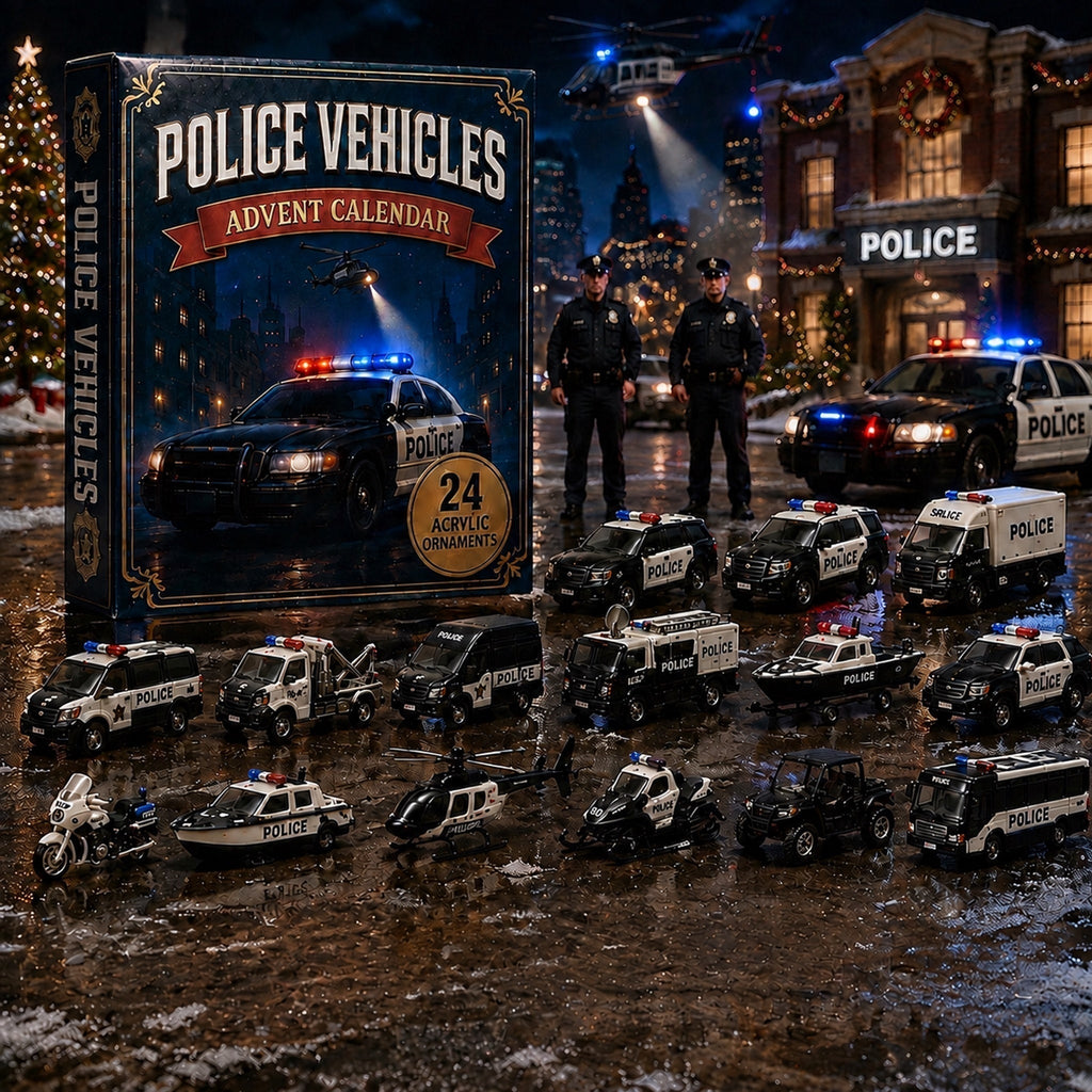 Polizeifahrzeuge-Adventskalender 2026 - 24 Acryl-Polizeiauto-Ornamente