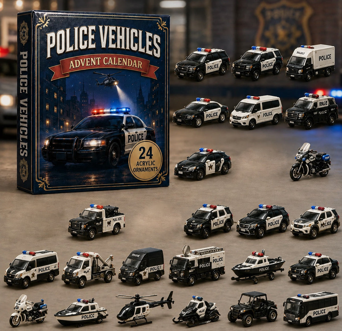 Polizeifahrzeuge-Adventskalender 2026 - 24 Acryl-Polizeiauto-Ornamente