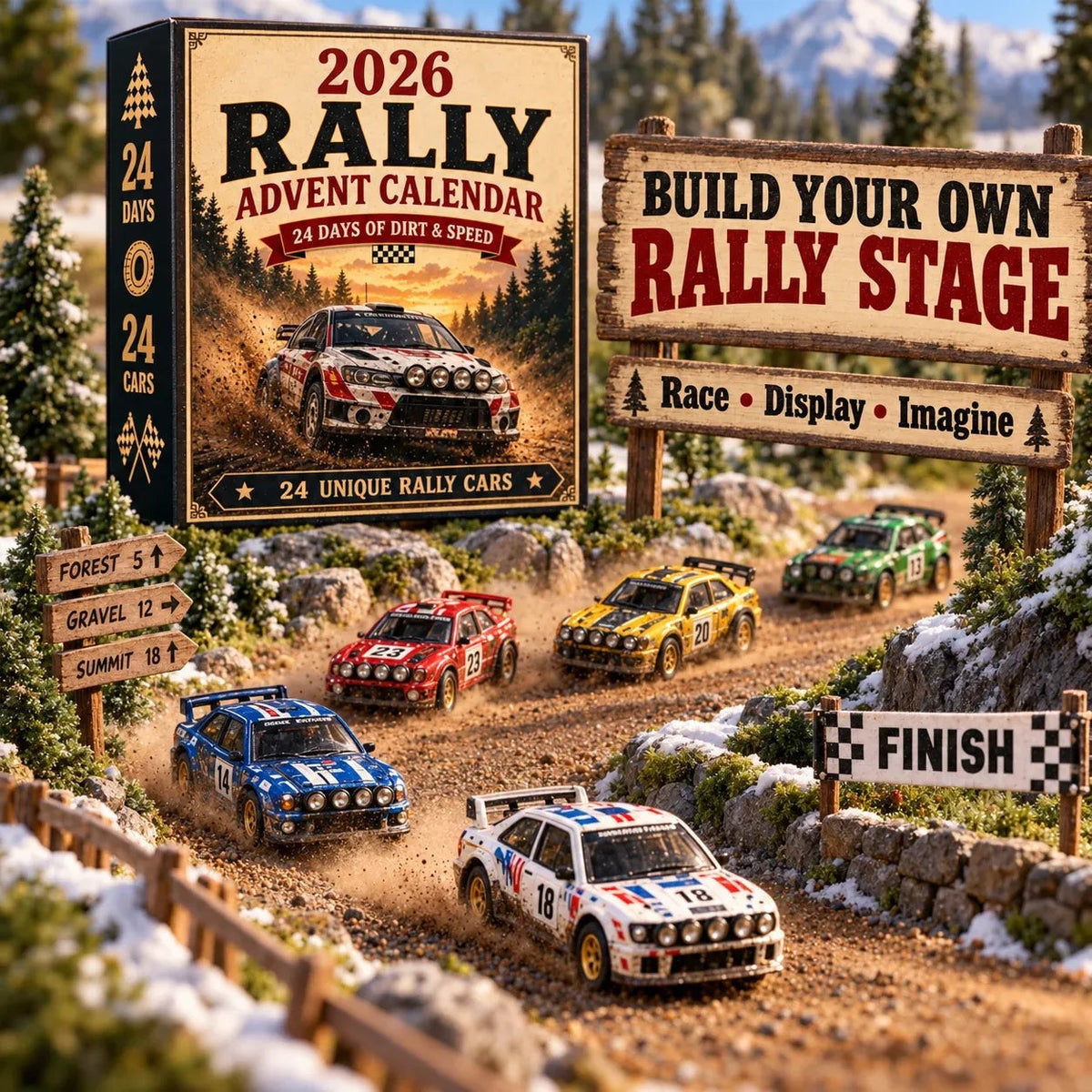 Rallye-Adventskalender 2026 - 24 einzigartige Miniatur-Rallyeautos