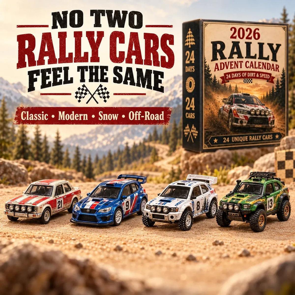 Rallye-Adventskalender 2026 - 24 einzigartige Miniatur-Rallyeautos
