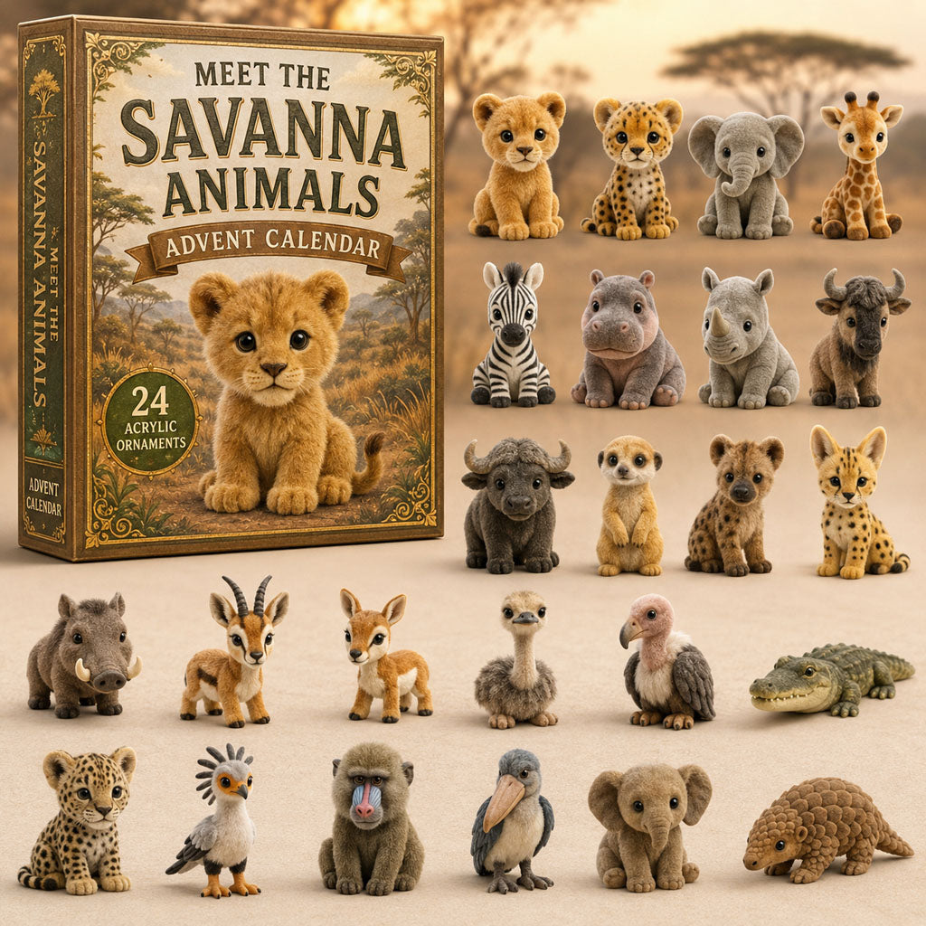 Savannentiere Adventskalender 2026 - 24 Acryl-Savannentieranhänger