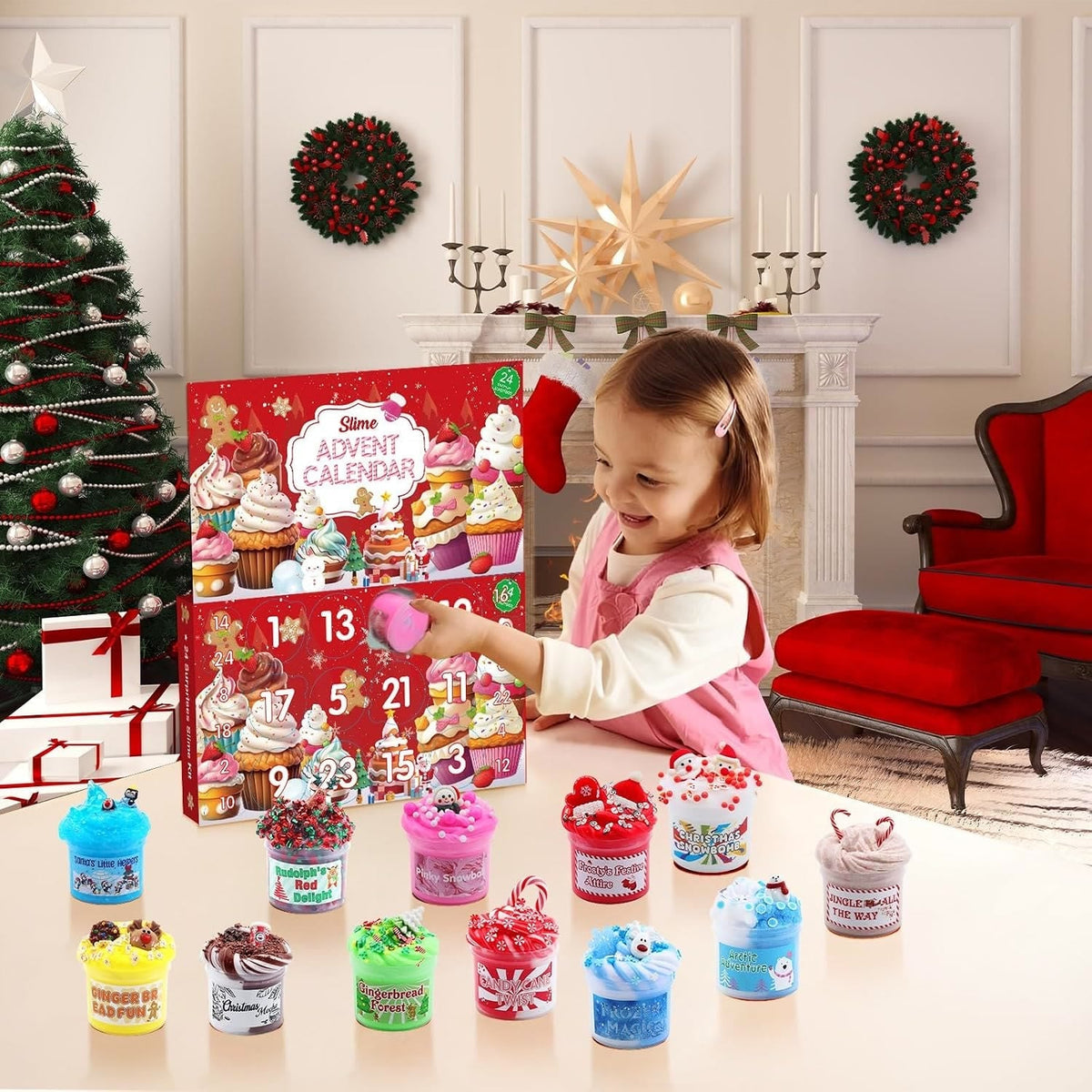Schleim Adventskalender 2026 - 24 Tage nicht klebender Weihnachtsschleim und Charms
