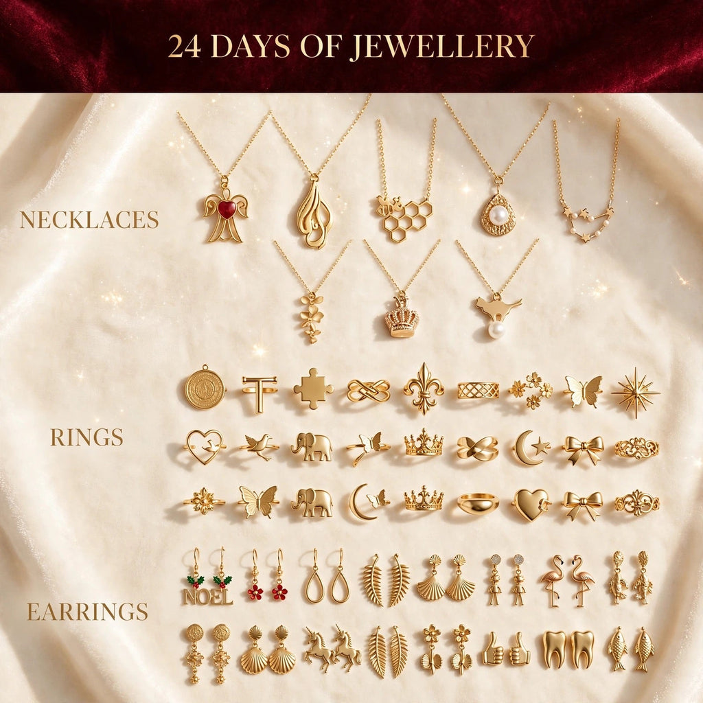 Schmuck-Adventskalender 2026 - 24 goldfarbene Ketten, Ringe und Ohrringe