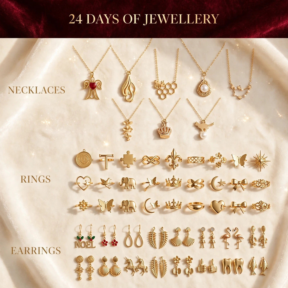 Schmuck-Adventskalender 2026 - 24 goldfarbene Ketten, Ringe und Ohrringe