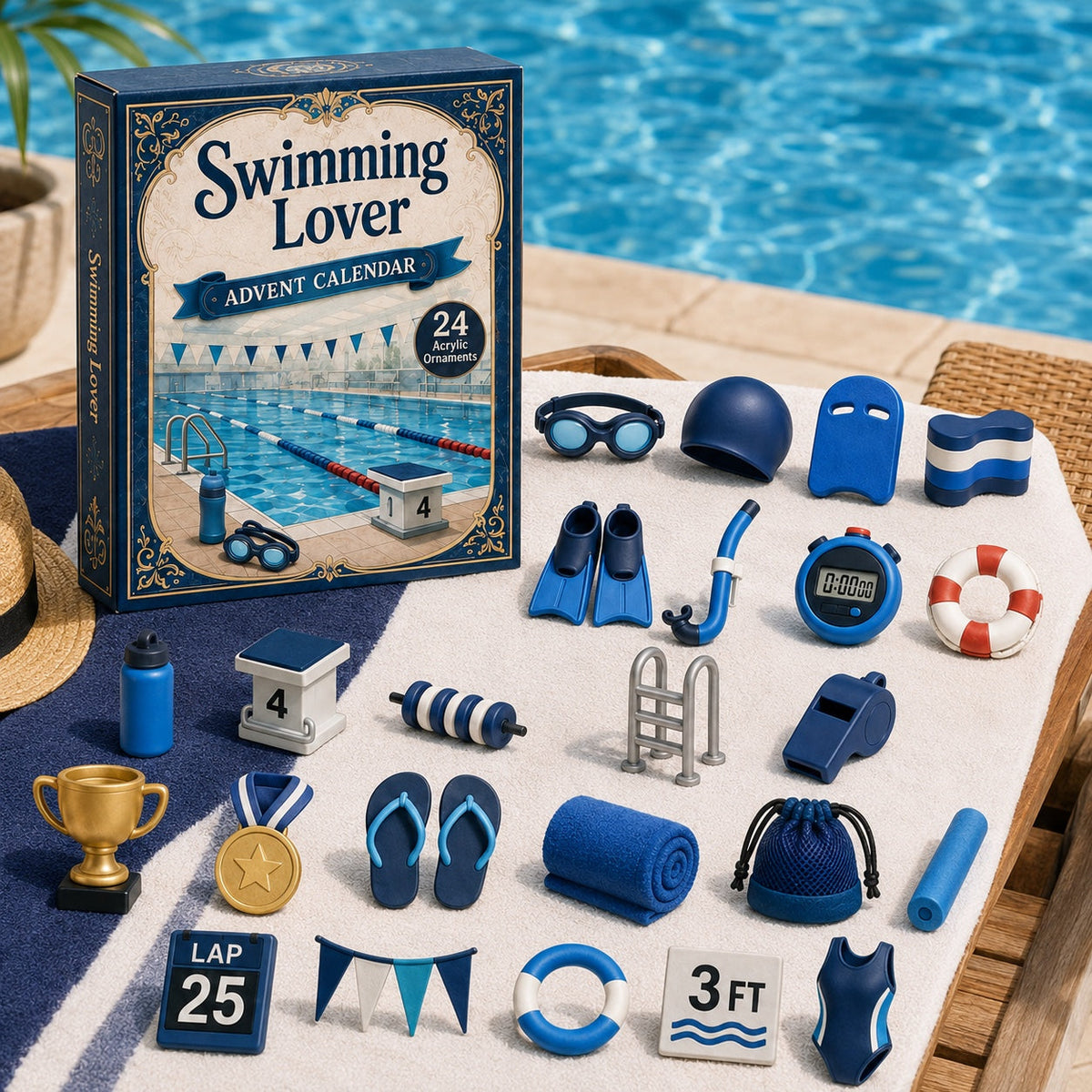 Schwimm-Adventskalender 2026 - 24 Acryl-Schwimmornamente für Schwimmerinnen und Schwimmer