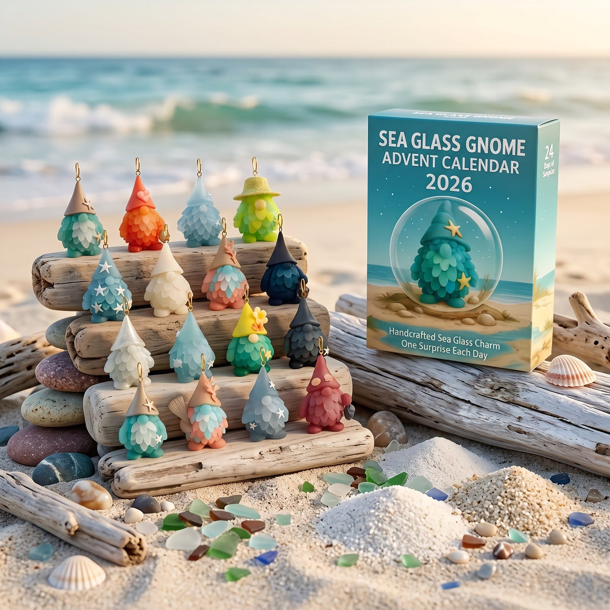 Seeglas-Gnom-Adventskalender 2026 - 24 Gnom-Anhänger aus Seeglas