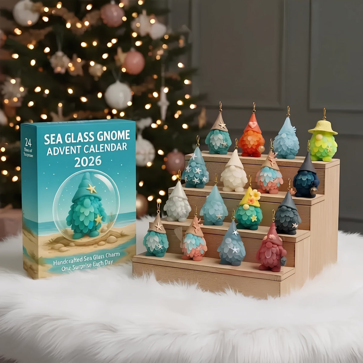 Seeglas-Gnom-Adventskalender 2026 - 24 Gnom-Anhänger aus Seeglas