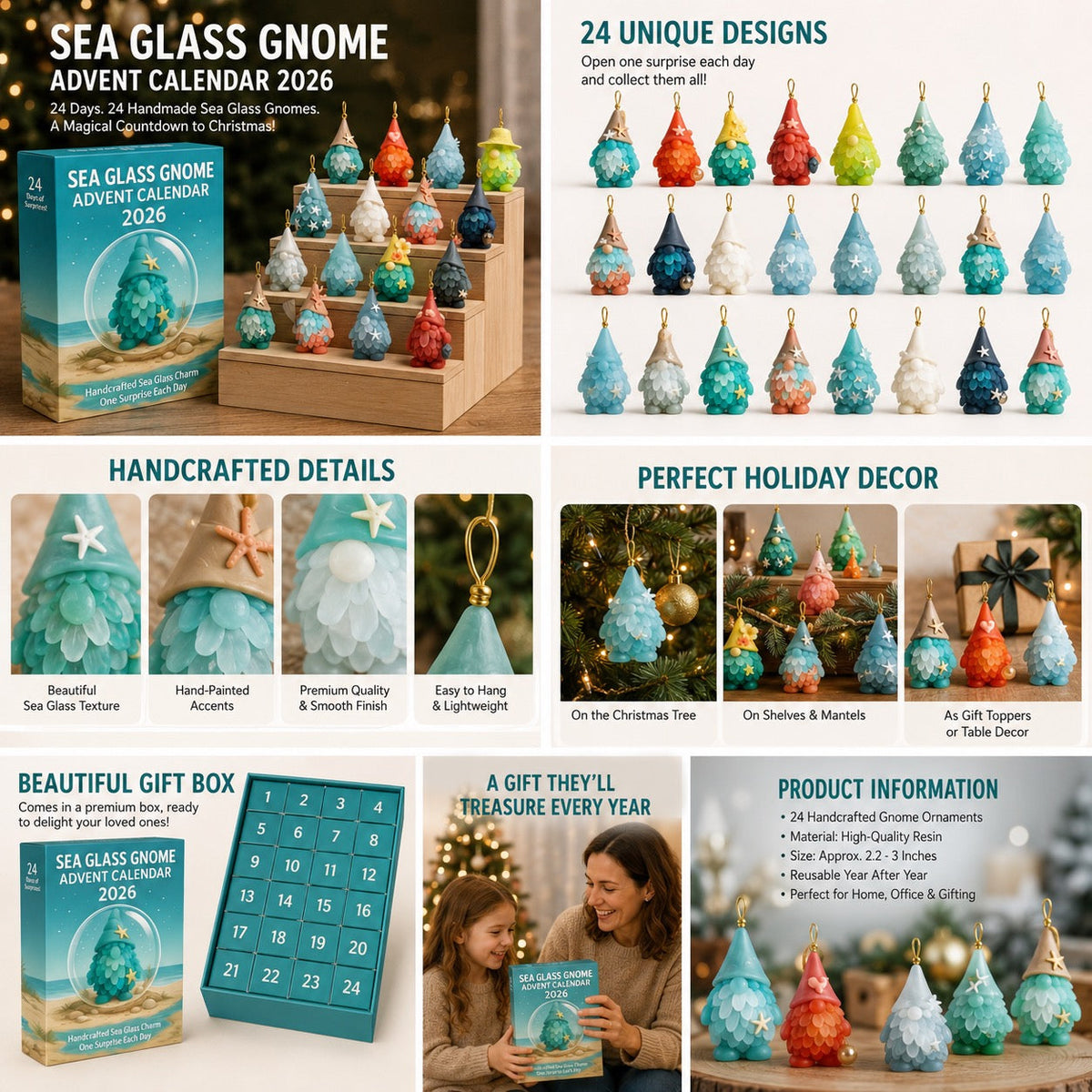 Seeglas-Gnom-Adventskalender 2026 - 24 Gnom-Anhänger aus Seeglas