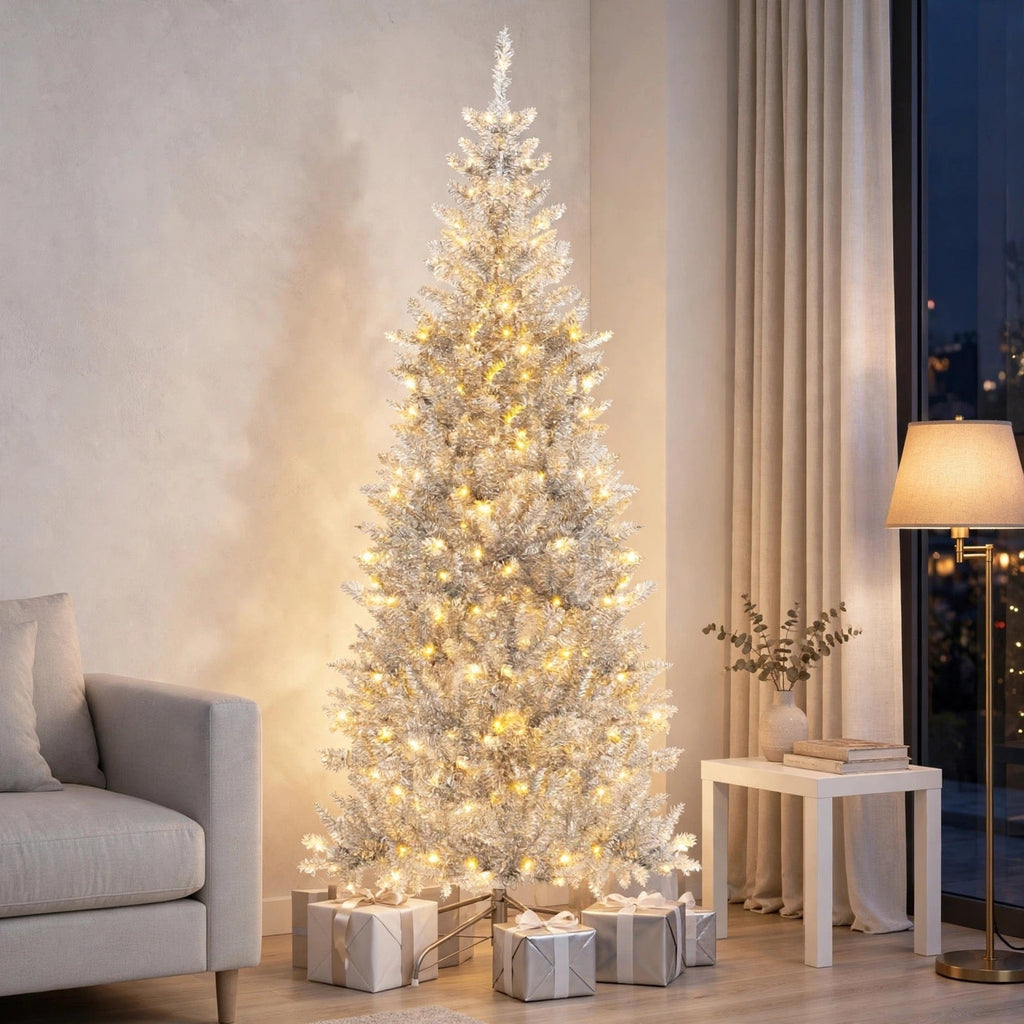 Silberner Lametta-Weihnachtsbaum 1,8 m – Schlank mit 300 LED-Lichtern