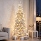 Silberner Lametta-Weihnachtsbaum 1,8 m – Schlank mit 300 LED-Lichtern